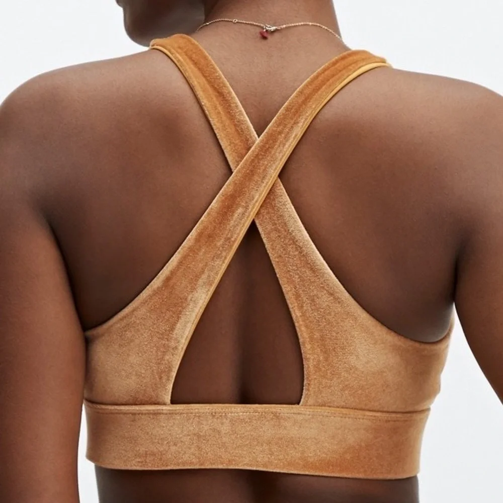 Fabletics Oasis Twist Velour Padded Sports Bra - Light Honey Yellow Gold